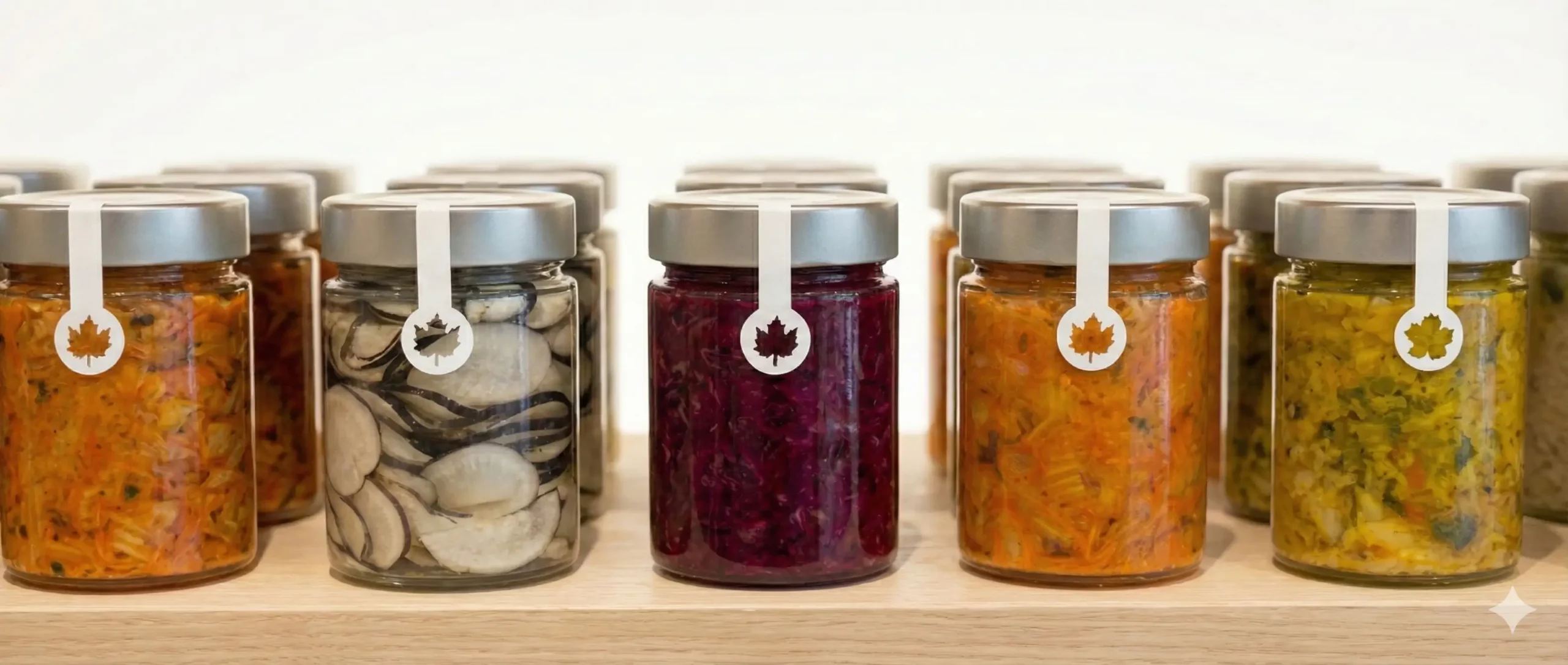 Alignement de bocaux Fermentierra de légumes lacto-fermentés aux couleurs variées