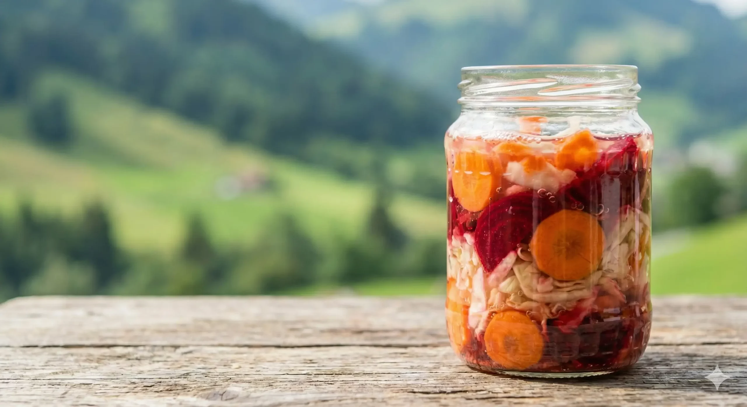 Bocal coloré de légumes lacto-fermentés Fermentierra devant un paysage de montagnes suisses