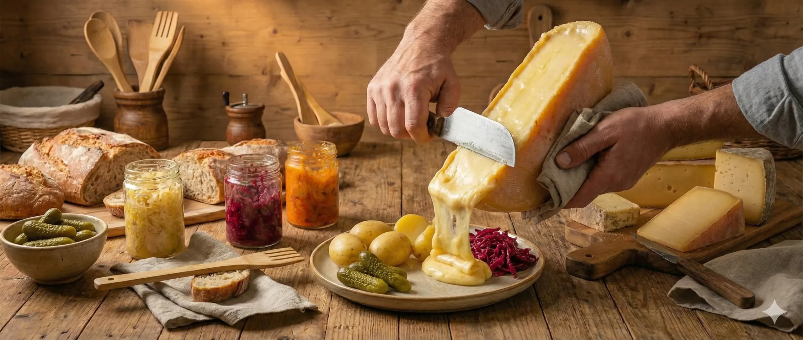 Raclette suisse accompagnée de pickles et légumes fermentés Fermentierra